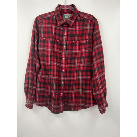Woolrich Shirt Womens Red Long Sleeve Wool Blend Button-up‎ Plaid Large - Picture 1 of 6